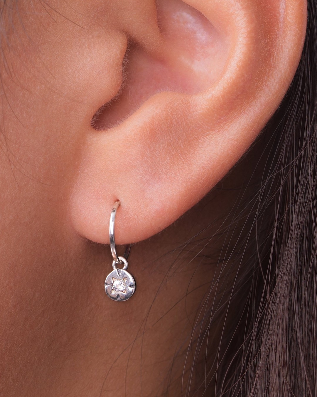 Tiny Zirconia Hoop Earrings Silver Charm Huggie Earrings