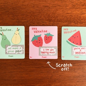 Cartes de Saint-Valentin Fruits à gratter pour enfant - Fraises, poires, pastèque