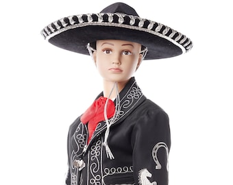 Traje de charro negro para niños con diseño de remolino, traje de charro, bautismo de niños, mariachi mexicano - Negro/Plateado