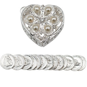 Silver Wedding Arras with Pearls Crystals, Heart Shaped Chest with 13 Unity Coins, Catholic Wedding Gift, Arras de Boda, Unity Coin Holder