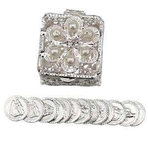 Silver Plated Crystal And Pearl Arras Chest with 13 Coins, Unity Coin Holder, Wedding Coin Box for Arras de Boda Ceremony