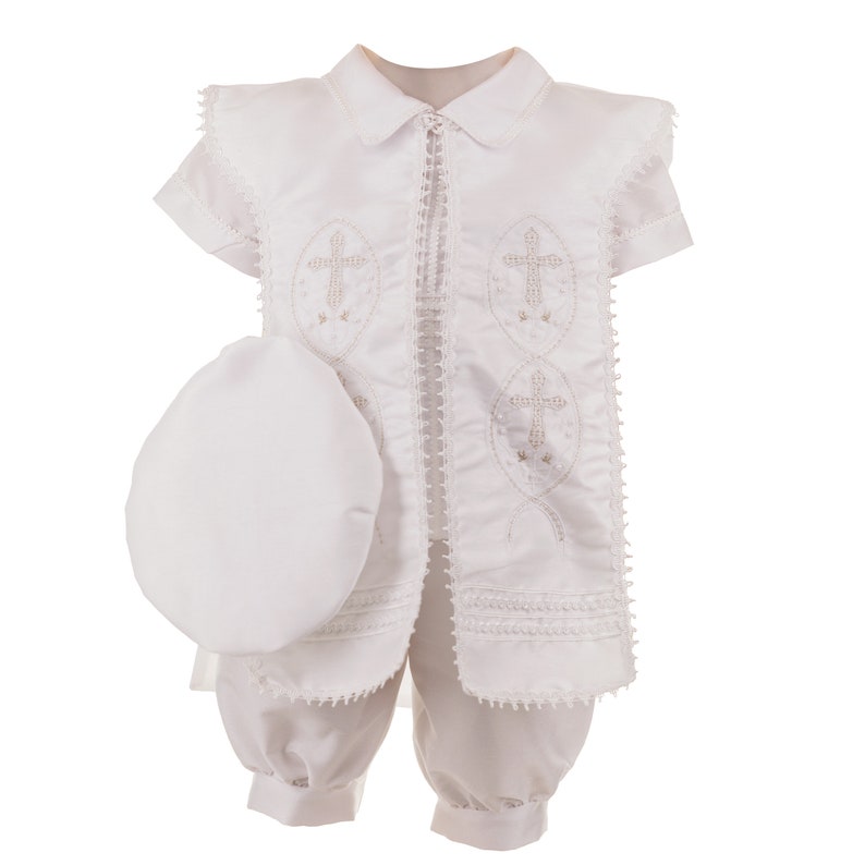 Ivory or White Boys Cross Cape and Hat Baptism Romper, Baptism Outfit for Boy, Traje de Bautizo, Baptism Ropon RUS 906 image 6