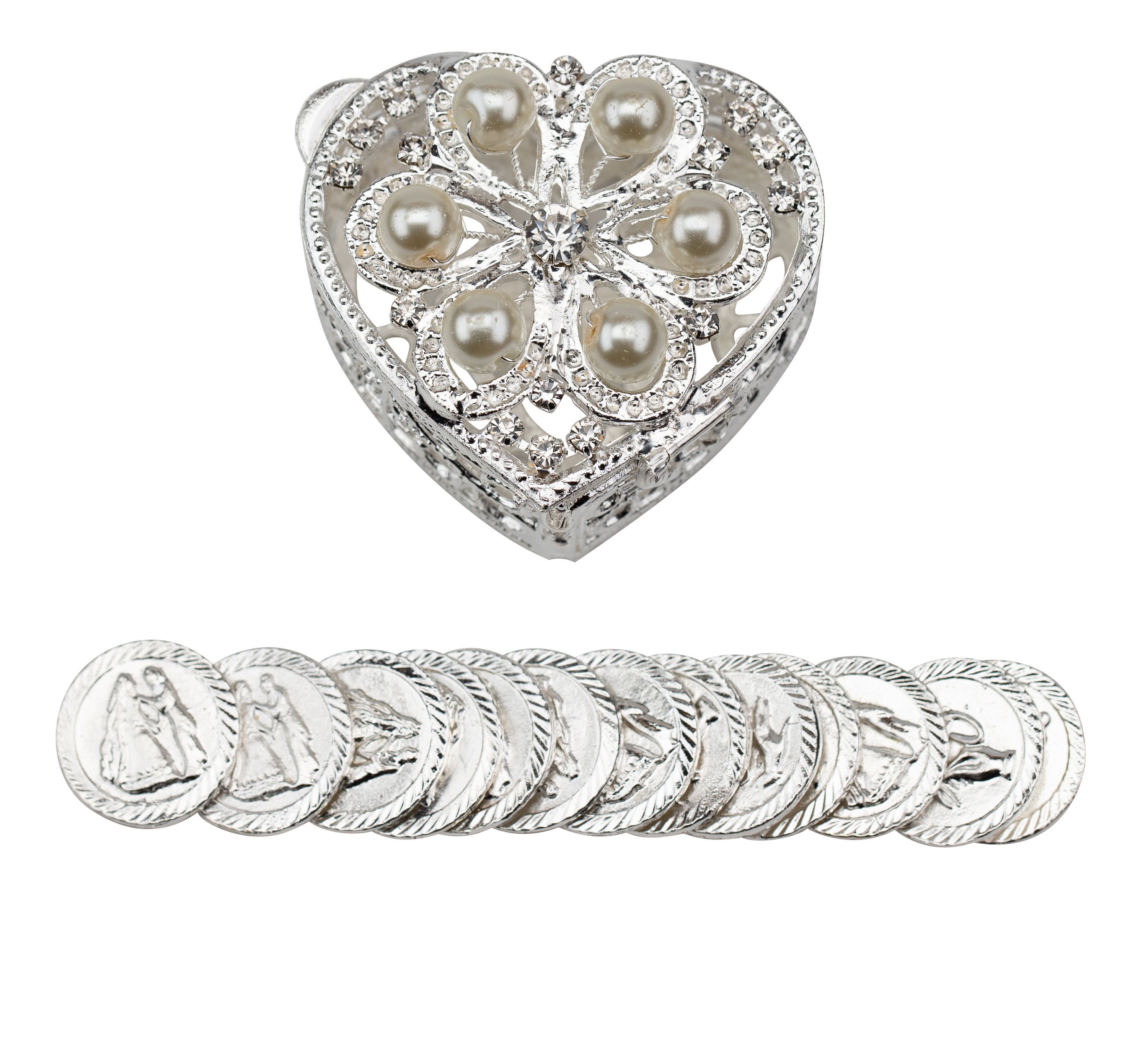 Arras de boda de plata con cristales de perlas, cofre en forma de corazón  con 13 monedas de la unidad, regalo de boda católico, Arras de boda, porta  monedas de la unidad -, image size:3000x2713