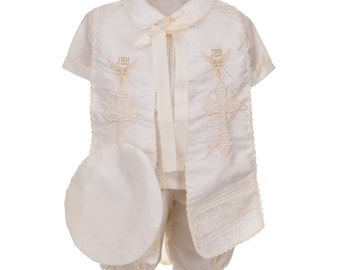 Ivory or White Baptism Outfit for Boy, 4 Piece Christening Set, Traje de Bautizo, Ropa de Bautizo para Bebés Niño - Style RUS 905