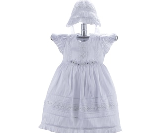 Vestito da battesimo per bambina, abito da battesimo in cotone bianco con pizzo ricamato a mano, vestito da battesimo a maniche corte - SALDI