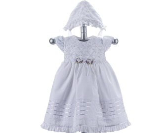 Vestito da battesimo per bambine, vestito per neonati e bambini piccoli, cotone bianco con pizzo guipure, cuffia abbinata, taglie 3-24 mesi - SALDI