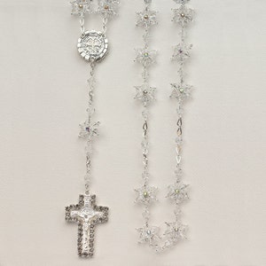 Silver and Crystal Catholic Rosary, Handmade Rosary with Star Beads, Christening Gift, First Communion, Wedding Rosary