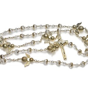 Angel Gold Crystal Catholic Rosary – Baptism, First Communion, Christening Gift, Wedding Rosary, Gold-Plated Textured Beads