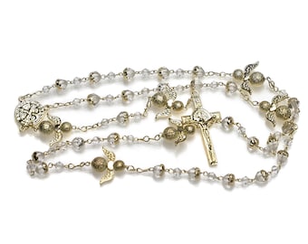 Angel Gold Crystal Catholic Rosary, Baptism or First Communion Rosary, Christening Gift, Wedding Rosary