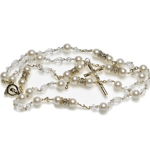 Gold, Pearl and Swarovski Crystal Catholic Rosary, Wedding Rosary, Rosary Beads, Handmade Rosary - RO JC 003-G