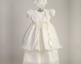 Abito da battesimo in cotone e pizzo con pizzo guipure, abito da battesimo per neonati, abito da battesimo bianco e set di cuffietta