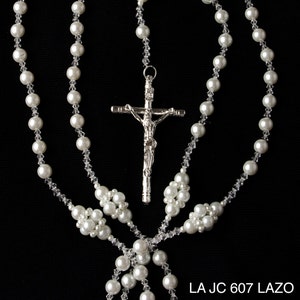 Pearl Wedding Lasso, Wedding Lasso with Pearl and Crystal, Silver Cross, Wedding Lasso Rosary, Catholic Wedding Tradition LA JC 607 image 2