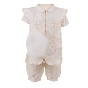 Ivory or White Boys Cross Cape and Hat Baptism Romper, Baptism Outfit for Boy, Traje de Bautizo, Baptism Ropon RUS 906 image 1