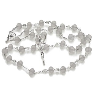 Handmade Swarovski Frosted Crystal and Silver Catholic Rosary – Wedding Rosary, Baptism, Confirmation, First Communion Gift - RO JC 006-