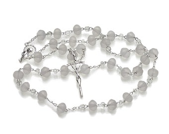 Handmade Swarovski Frosted Crystal and Silver Catholic Rosary, Wedding Rosary, Traditional Rosary