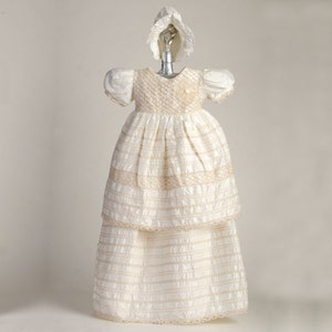 SALE - Handmade Silk Honeycomb Baptism Gown with Bonnet, Baptism Silk Dress, Christening Gown Girl, Baby Blessing Dress