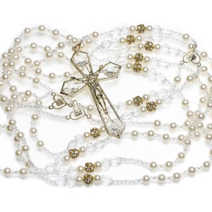 Lazo de Boda, Pearl, Crystal, and Gold Wedding Lazo, Wedding Lasso Rosary, Arras de Boda, Catholic Wedding Unity Cord - LA JC 620G