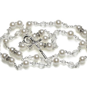 Silver Pearl Swarovski Crystal Catholic Rosary, Baptism Gift, Christening Gift, First Communion Rosary, Wedding Rosary, Catholic Prayer Bead