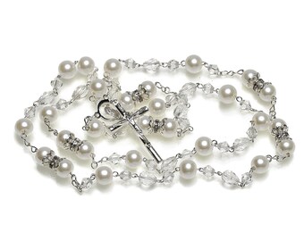 Silver, Pearl and Swarovski Crystal Catholic Rosary, Christening Gifts, First Communion Gifts, Wedding Rosary