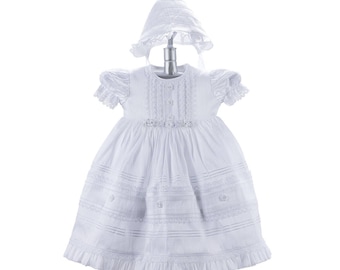 SALE - White Lace Christening Dress and Bonnet, Catholic Baptism Dress for Baby Girl, Baby Girl Short Sleeve Christening Dress