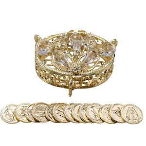 Gold-Plated Wedding Arras Set with 13 Unity Coins, Oval Chest with Swarovski Crystal Beading – Arras de Boda, Arras de Matrimonio