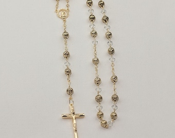 Gold Catholic Rosary with Rosebud Beads, Christening Gifts, First Communion Gifts, Wedding Rosary