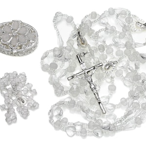 Conjunto de lazo nupcial de cristal Swarovski plateado con rosario a juego: elegante lazo de bodas para ceremonias católicas