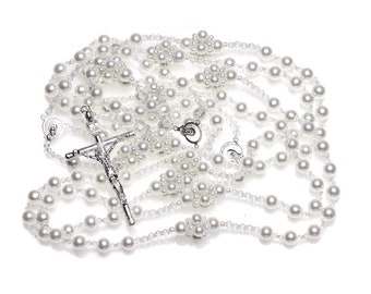 Pearl Wedding Lasso, Wedding Lasso with Pearl and Crystal, Silver Cross, Wedding Lasso Rosary, Catholic Wedding Tradition - LA JC 607