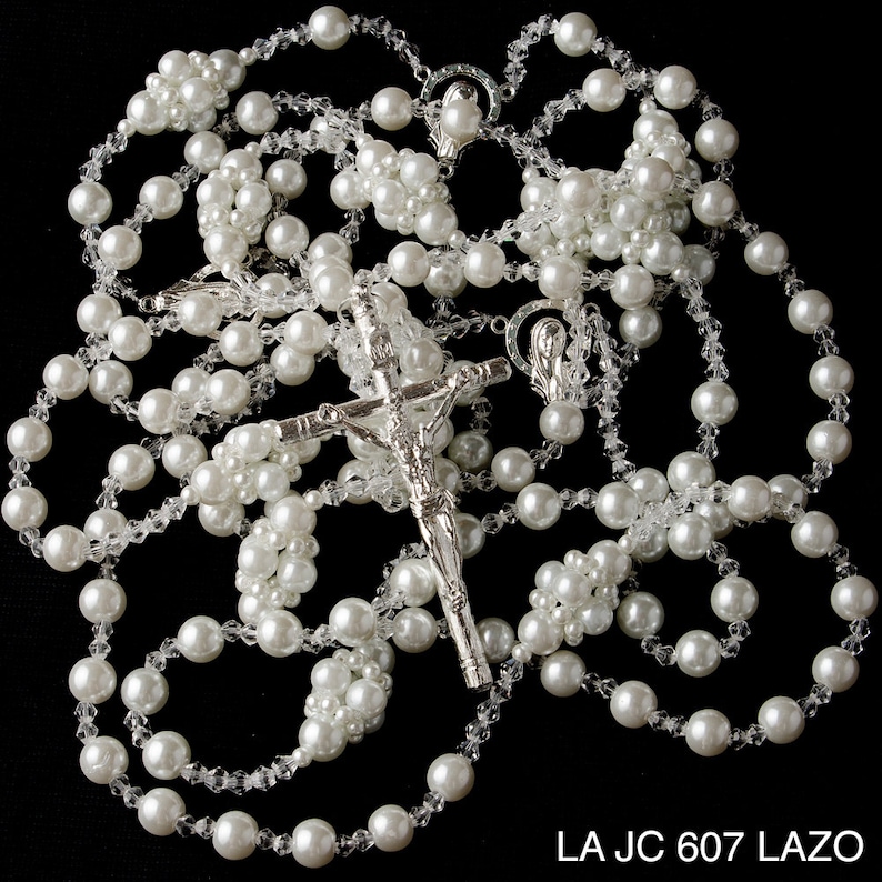 Pearl Wedding Lasso, Wedding Lasso with Pearl and Crystal, Silver Cross, Wedding Lasso Rosary, Catholic Wedding Tradition LA JC 607 image 5