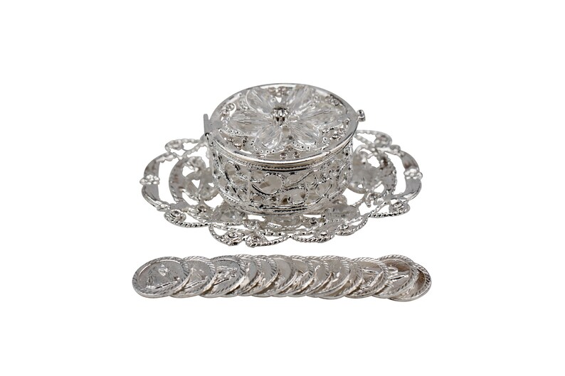 Silver Arras, Arras de Boda, Wedding Unity Coins,Wedding Set including Silver Plated Tray, Arras Chest and 13 Coins AR JC 004 image 4