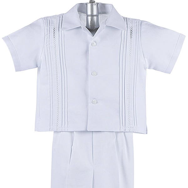 SALE - Baby Boy Christening White Outfit, Boys Baptism Outfit, Boys Short Sleeved Guayabera Shirt