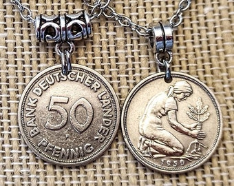 Old German 3/4 inch 50 Pfennig coin necklace 1949 to 1994,choose year