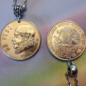 Mexico BIG Silver tone Morelos Y Pavon, Eagle and Snake 1 peso coin pendant necklace, 1970-1983, choose year