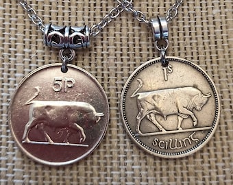 Ireland 1 scilling or 5 Pence Bull Taurus coin pendant 1951-1990, choose year