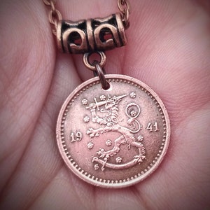 Finland Suomi WW2 era 50 Pennia Copper coin pendant necklace 1940-1943, choose year