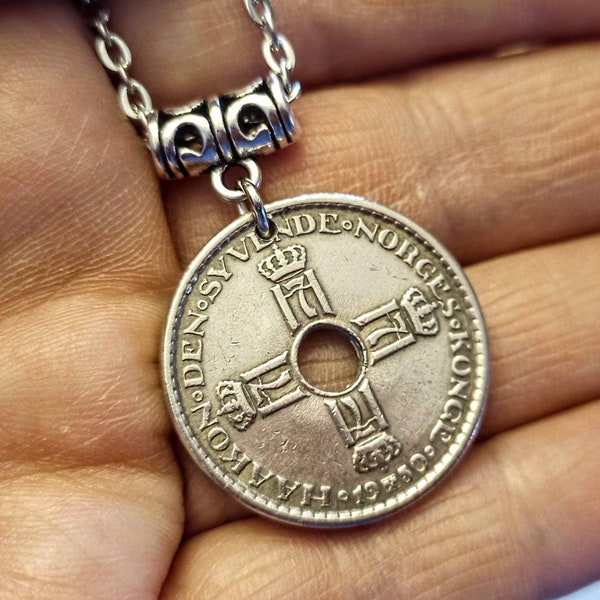 Old Norway 1 Krone coin pendant 1925 to 1951, choose year