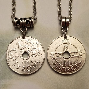 Norway 1 Krone Bird & Cross Silver tone 3/4 inch coin pendant necklace 1997-2015, choose year
