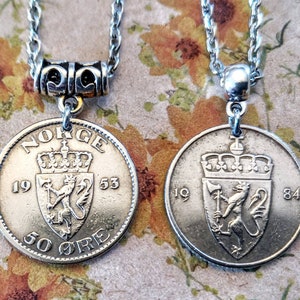 Norway 50 ore silver tone coin pendant necklace 1953-1988, choose year