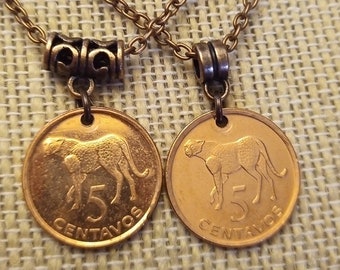 Mocambique Cheetah 3/4 inch Copper 50 centavos coin pendant, Mintage 2006 only