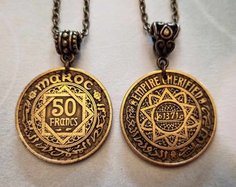 Morocco Maroc 20 OR 50 Francs Brass Coin Pendant Necklace, year 1952 only