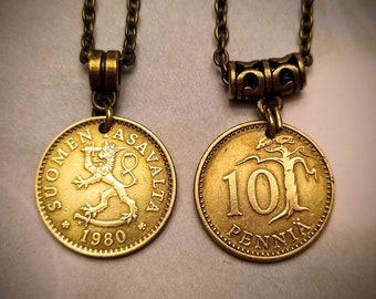 Finland Suomi 10 Pennia Brass Lion Coin Pendant Necklace 1963-1982, choose year