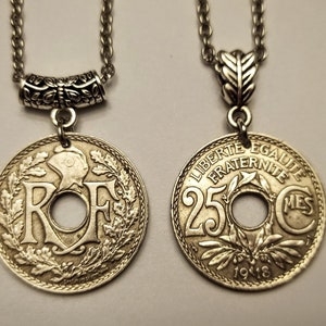 France, époque Art nouveau, 1ère guerre mondiale, 100 ans, 10 ou 25 centimes, collier avec pendentif en forme de pièce de monnaie argenté, 1917-1939, choisissez l'année