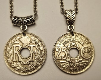 France Vintage Art Nouveau World War 1 era 100 year old 10 or 25 Centimes coin necklace 1917-1939, choose year