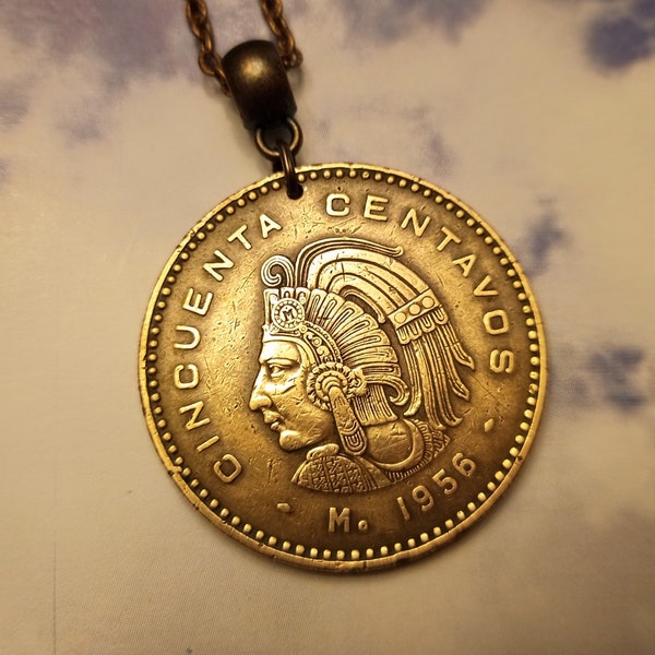 Old Mexico Aztec Emperor 50 centavos copper coin pendant 1955-1957, choose year