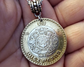 Mexico Intricate Bimetallic Aztec Calendar 10 pesos coin necklace 1997-2015, choose year