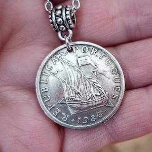 Portugal Portuguese Azores 5 escudos Ship Silver tone 1 inch coin pendant necklace 1963-1986, choose year