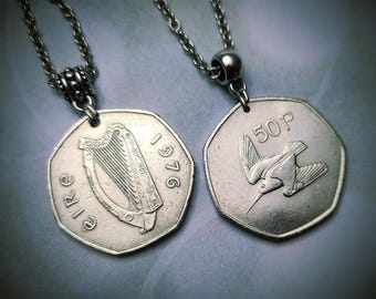 Ireland 50p Coin Pendant Necklace, Woodcock Bird, 1970-1998 Choose Year