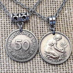 Collana con ciondolo in argento con moneta da 50 Pfennig della Germania, 1949-1994, scegli l'anno
