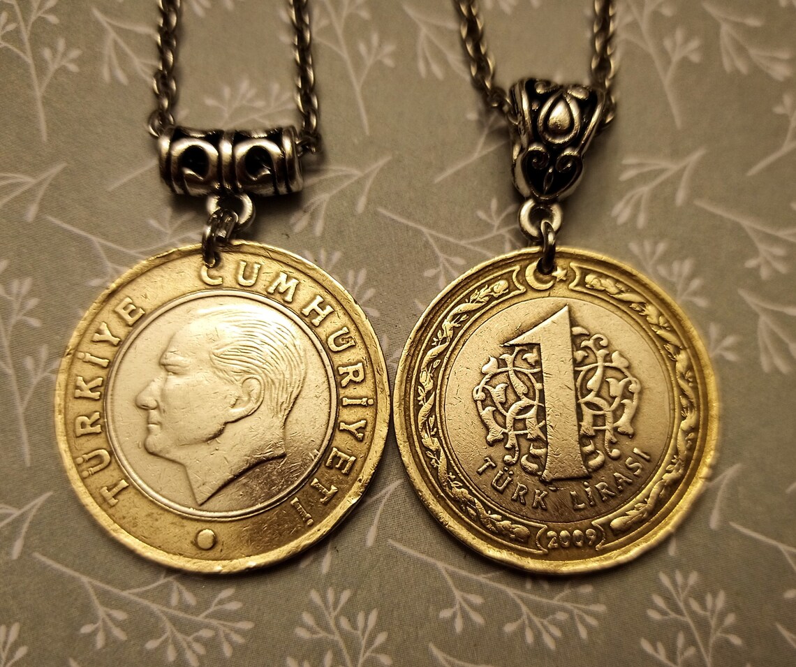 Turkey Bimetallic 1 Lira 1 Inch Coin Pendant Necklace 2009-2018, Choose ...