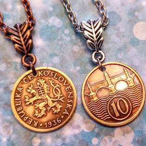 Czechoslovakia Czech Antique Lion Charles Bridge Small 10 Haleru Bronze coin pendant necklace 1922-1936, choose year